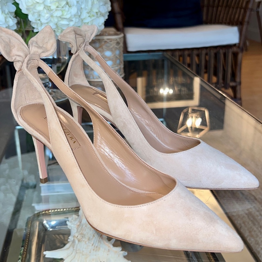 NWT Aquazzura Bow Tie 85 Suede Neutral Pumps 36.5